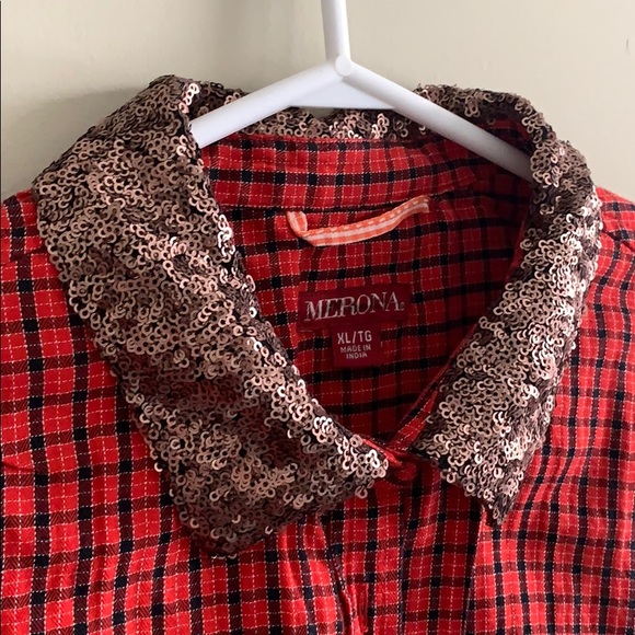 Red Plaid Button-Down with Fun Taupe Sequin Collar - Picture 2 of 4